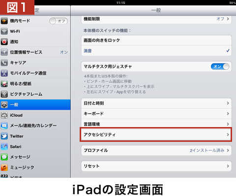 図1、「設定」項目の中にある「一般」を選択し、さらにその中の「アクセシビリティ」の画面で行います。